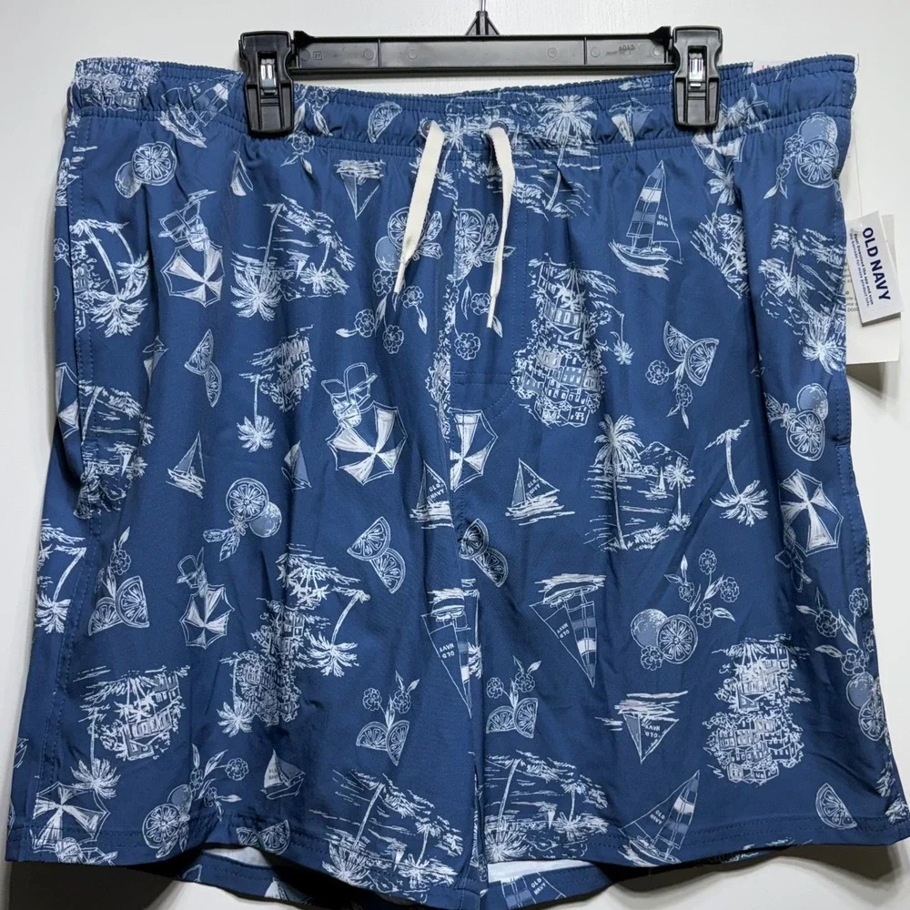 Old Navy Mens XL Swim Trunks Navy Blue Nautical Sailboat Tropical 7 Inch Inseam
